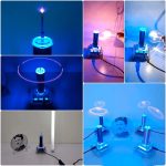 Elektrisk spole med belysningseffekter i blått och lila, används för vetenskapliga experiment eller dekoration.