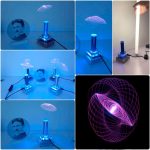 Ljusvirvel i laboratorium med UV-ljus och hologram, som illustrerar vetenskapliga och optiska fenomen för dekoration eller utbildning.