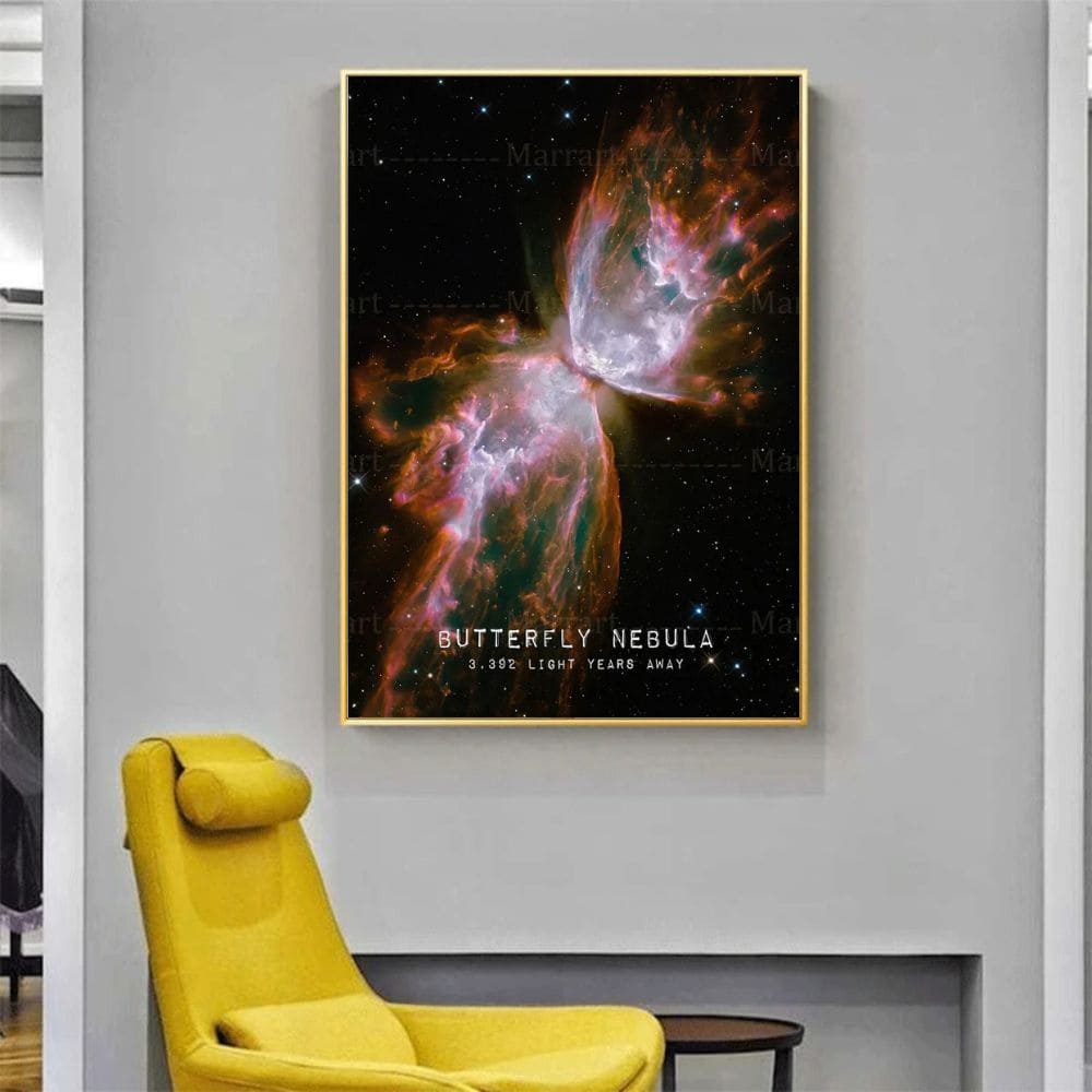 Butterfly-nebulosan, en vacker kosmisk formation på 3 302 ljusår, som illustrerar universums skönhet med sina vibrerande färger och komplexa detaljer.