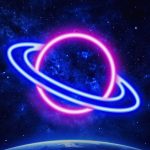 Neonillustration av en planet med lysande ringar i den stjärnklara rymden, som väcker tankar om vetenskap och universum.