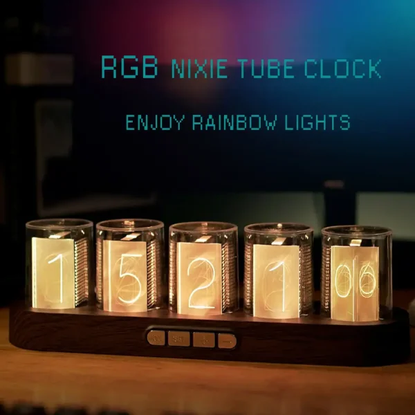 RGB Nixie-klocka med regnbågsbelysning, vintage digital display, vetenskaplig dekoration, perfekt för ett kontor eller ett modernt rum.