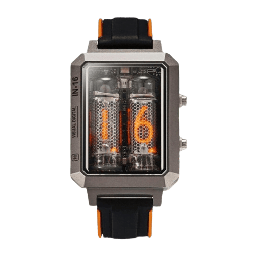Nixie-rörklocka med orange digital display, metallhölje och svart och orange silikonarmband. Retro-futuristisk design för vetenskapsentusiaster och vetenskaplig dekoration.