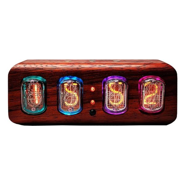 Nixie-sifferställ i trä med 4 färgglada upplysta rör, som visar retro-siffror, idealisk för vetenskaplig eller vintageinredning.