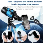 Astronomiskt teleskop med stöd för smartphone och Bluetooth-kamera, idealiskt för att observera himlen och astronomisk fotografering. Lätt att använda med trådlös anslutning.