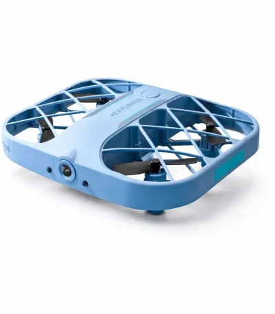 Lätt quadcopter-drönare för luftfotografi, övervakning och fritid, med blå plastram och svarta propellrar.