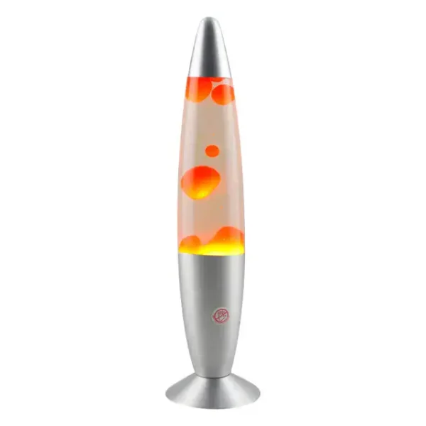Dekorativ lavalampa i form av en vulkan med orange och röd belysning, idealisk för vetenskaplig eller tematisk inredning.