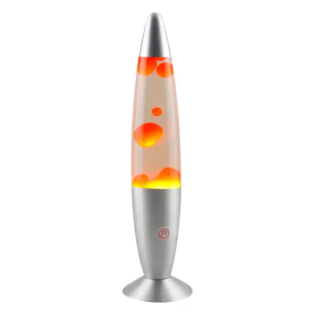 Dekorativ lavalampa i form av en vulkan med orange och röd belysning, idealisk för vetenskaplig eller tematisk inredning.