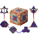 Set med färgglada kuber och stjärnor i vetenskaplig dekoration, med ett vibrerande psykedeliskt mönster och geometriska former, perfekt för original dekoration.