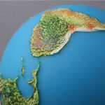 Reliefmodell av jordklotet som illustrerar regionens topografi, med färger för att särskilja berg, slätter och kustområden.