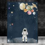 Panel som illustrerar ett barn i astronautkostym med planeter och ballonger formade som planeter i natthimlen.