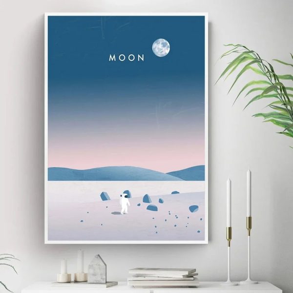 Dekorativ panel som föreställer månen och ett minimalistiskt månlandskap med en astronaut.