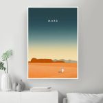 Konstnärlig illustration som föreställer Mars yta med en gradienthimlen, en astronaut-siluett och berg i bakgrunden, perfekt för vetenskaplig inredning.