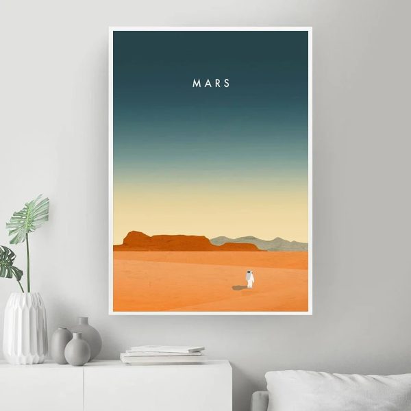 Konstnärlig illustration som föreställer Mars yta med en gradienthimlen, en astronaut-siluett och berg i bakgrunden, perfekt för vetenskaplig inredning.