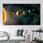 Konstnärlig illustration av solsystemet med planeter och solen, dekorativ för inomhusutrymme, inspirerad av astronomi.