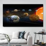 Planeter i solsystemet, inklusive solen, jorden, Mars, Jupiter, Saturnus och andra, illustrerade i en färgglad och detaljerad rymdmiljö.