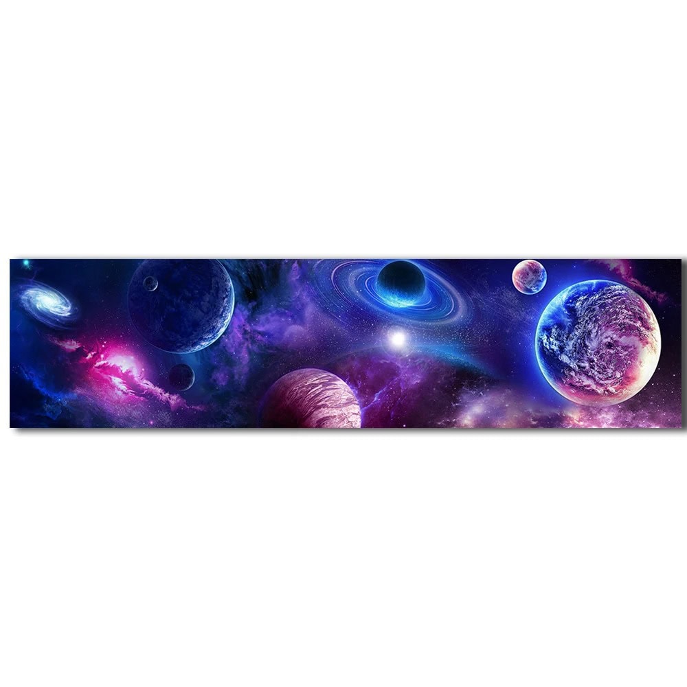 Konstnärlig illustration av rymden med planeter, galaxer och nebulosor i en färgglad och futuristisk stil.