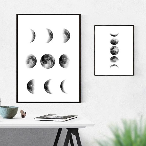 Moderna affischer som illustrerar de olika faserna av månen, perfekta för inredning eller för astronomi-entusiaster.