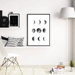 Inredning med affischer som illustrerar de olika faserna av månen, i en minimalistisk svart och vit stil, i ett modernt och avskalat utrymme.
