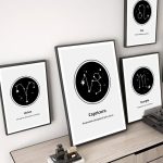Fyra affischer med zodiakens konstellationer Väduren, Oxen, Stenbocken och Skorpionen, inramade och hängande på väggen, modern astral dekoration.