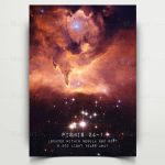 Illustrationsskylt av rymden med en nebulosa och lysande stjärnor, som representerar en fascinerande kosmisk bild.
