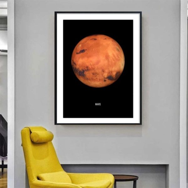 Affisch av planeten Mars med geologiska detaljer, inramad i svart, idealisk för vetenskaplig eller pedagogisk dekoration.