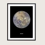 Affisch av planeten Merkurius med geologiska detaljer och månens yta.