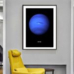 Affisch av planeten Neptunus i blått, inramad i en modern stil, idealisk för vetenskaplig dekoration eller för ett utbildningsutrymme.