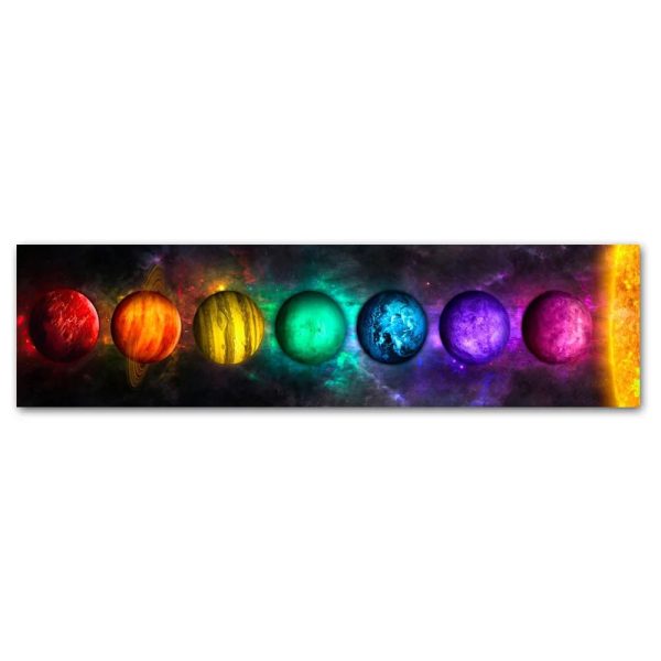Färgglada planeter som representerar en kosmisk modell med en vibrerande stjärnbakgrund.