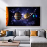 Konstnärlig illustration av solsystemet med planeterna Jupiter, Saturnus, Uranus och Neptunus i en stjärnig bakgrund.