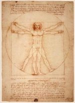 Teckning av Leonardo da Vinci som representerar Vitruviusmannen, som illustrerar de ideala proportionerna av den mänskliga kroppen i en kvadrat och en cirkel.