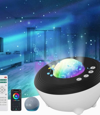 Musikprojektor med stjärnljuseffekter och inbyggd Bluetooth-högtalare.