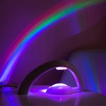 Färgglad LED-ljus i regnbågsfärger projicerad i ett mörkt rum, som skapar en avslappnande och mystisk atmosfär. Perfekt för inredning eller för en lugnande stämning.