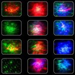 Bilder av färgglada kosmiska fenomen med ljusexplosioner, stjärnor och nebulosor i olika livfulla färger på svart bakgrund.