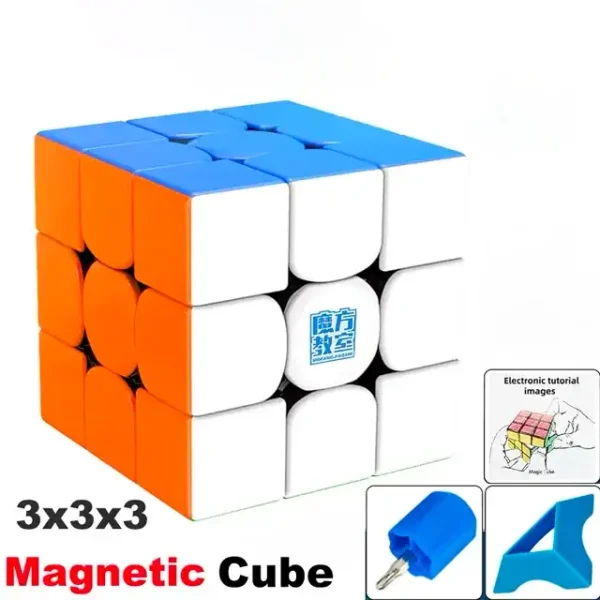 Magnetisk kub 3x3x3 för pussel och inredning, med färgglada bitar i vitt, orange och blått, idealisk för pusselentusiaster och vetenskaplig inredning.