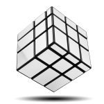 Rubik's kub med metallisk yta, modern design, vy i perspektiv, idealisk för vetenskaplig eller lekfull dekoration.