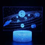 Blå LED-lampa som representerar solsystemet med planeter och stjärnor, lysande vetenskaplig dekoration för en pedagogisk eller dekorativ atmosfär.