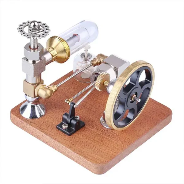 Miniatyr ångmotor i trä och metall med kugghjul och transparent cylinder, perfekt för vetenskaplig dekoration och lärande om mekanik.