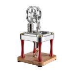 Vintage vetenskaplig ångmaskinsmodell med metallhjul, trästruktur och metallkomponenter, perfekt för dekoration eller pedagogisk upplevelse.