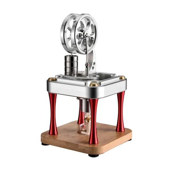 Vintage vetenskaplig ångmaskinsmodell med metallhjul, trästruktur och metallkomponenter, perfekt för dekoration eller pedagogisk upplevelse.