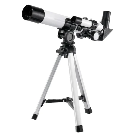 Svart och vit astronomisk kikare med stativ, idealisk för att observera stjärnor och planeter, perfekt för vetenskaps- och astronomientusiaster.
