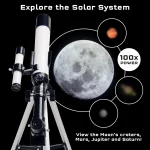 Teleskop för att observera solsystemet, inklusive månen, Mars, Jupiter och Saturnus, med 100x zoom för detaljerade vyer.