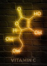 Kemiskt element av vitamin C i lysande neon, visat på en vägg av tegel, som illustrerar den molekylära sammansättningen av det viktiga vitaminet för immunförsvaret.