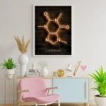 Neonskylt som representerar koffeinmolekylen, idealisk för modern inredning.