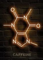 Koffeinmolekyl i lysande neon på vägg av tegel, som illustrerar den kemiska sammansättningen av koffein med sina atomer och bindningar.