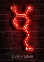 Neonsignal som representerar dopaminmolekylen, med sina hydroxyl- och aminogrupper, fäst på en vägg av röda tegelstenar.
