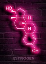 Kemisk struktur av östrogen i rosa neon på vägg av tegel.