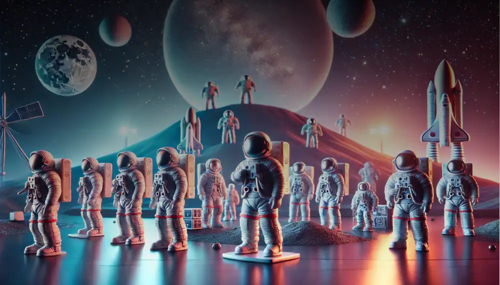 Plastfiguriner av astronauter på en rymdscen med planeter och raket i bakgrunden.