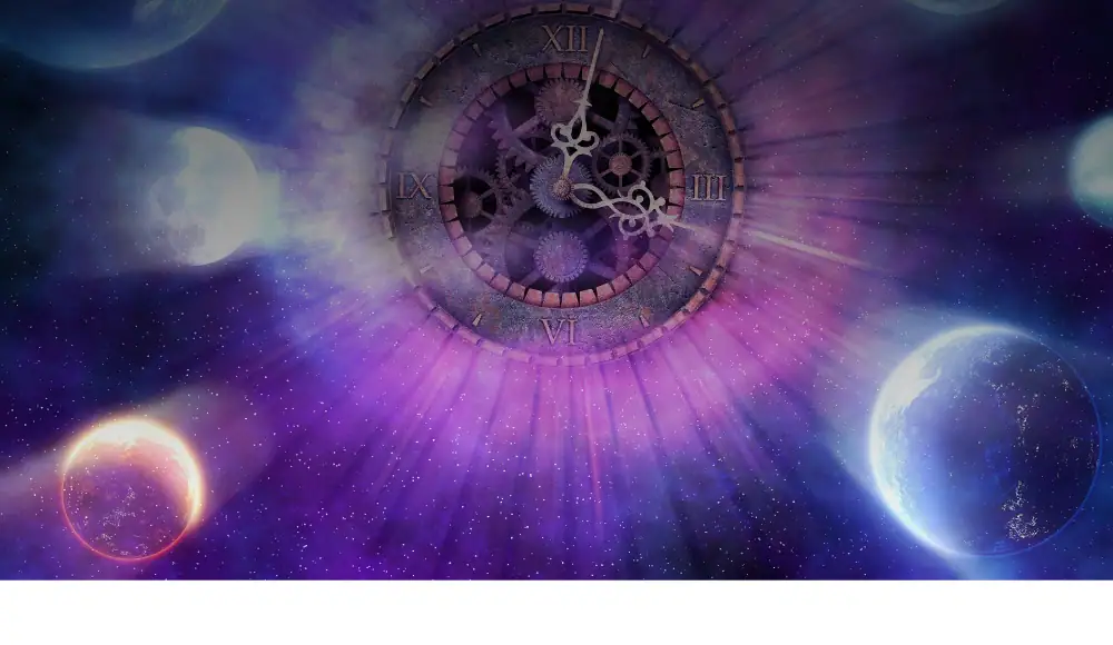 Illustration av en mekanisk klocka som svävar i ett kosmiskt utrymme med planeter och stjärnor, som symboliserar tid och universum.