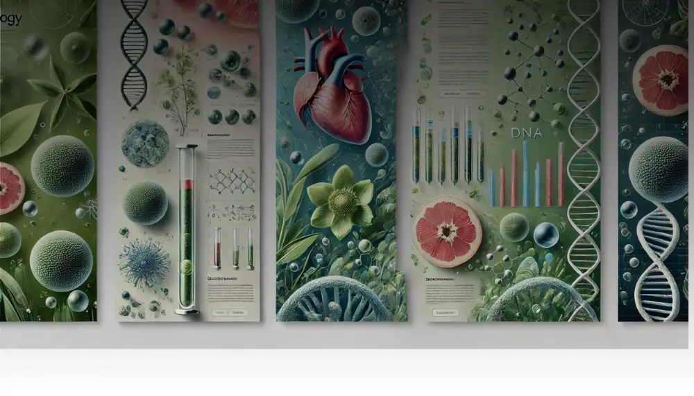 Samling av vetenskapliga illustrationer som representerar biologiska, genetiska och medicinska element, inklusive hjärtan, DNA, celler och diagram för dekoration eller utbildning.