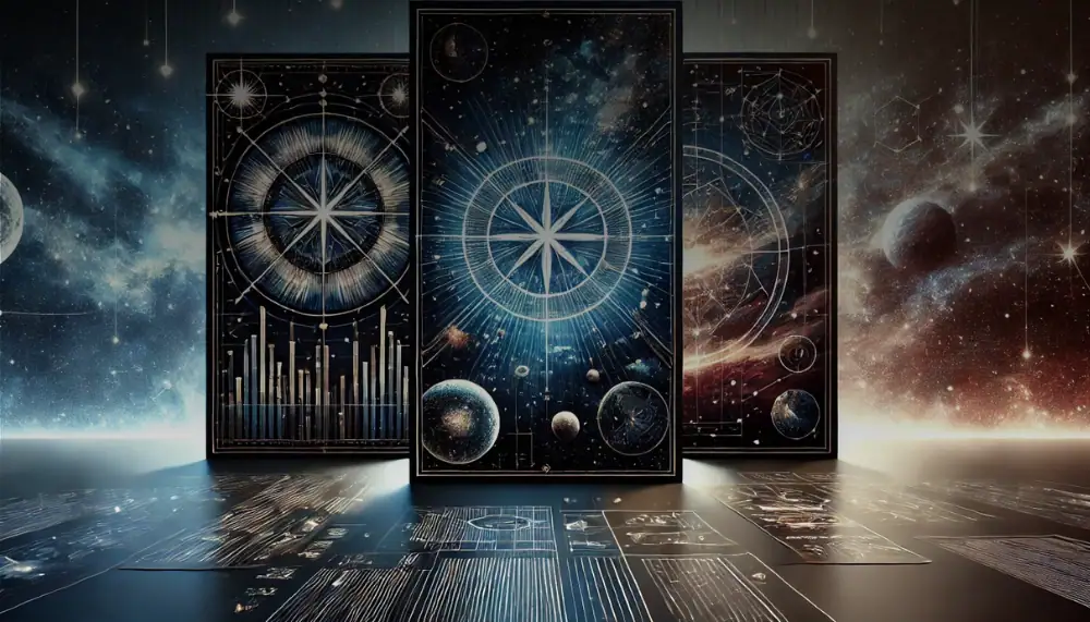 Futuristisk illustration som representerar holografiska skärmar med diagram och stjärnbilder, som väcker tankar om rymdutforskning och vetenskap.